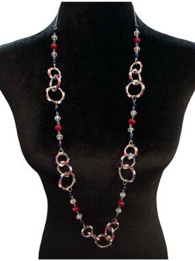 C1946 Long Necklace Patriotic Beaded Red White Blue Silver Tone 38 Inch Length